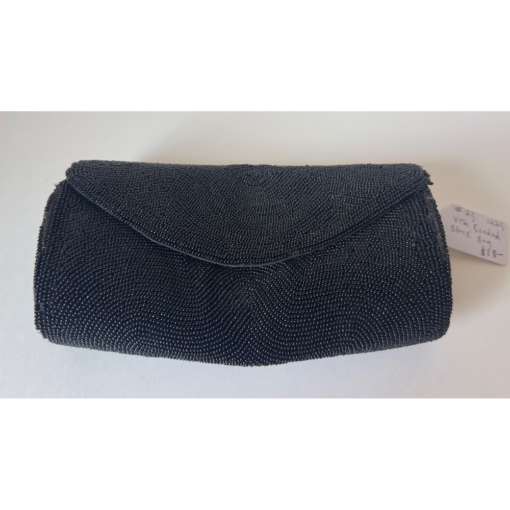 Vintage Black Seed Beaded Clutch Evening Bag Swirl Pattern Magnetic Closure Chic
